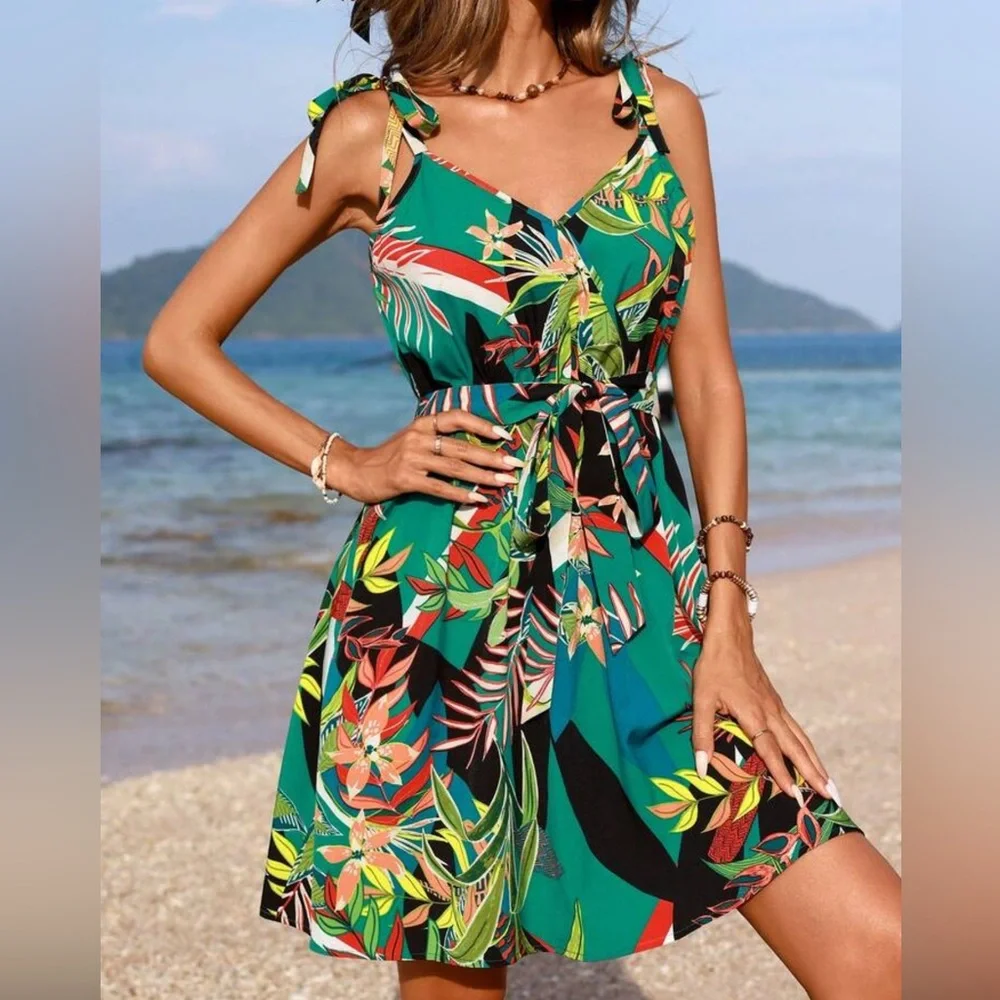 SHEIN VCAY Vacation Tropical Printed Spaghetti Strap Dress Size Large - Picture 6 of 13